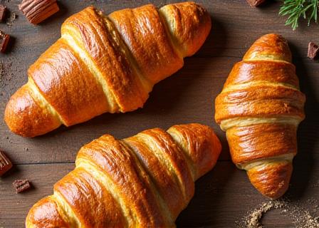 Auslage mit frischen Pains au Chocolat und Croissants