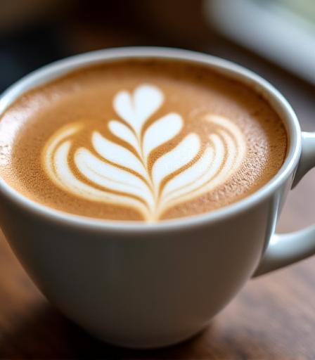Nahaufnahme einer Tasse Cappuccino mit Latte Art